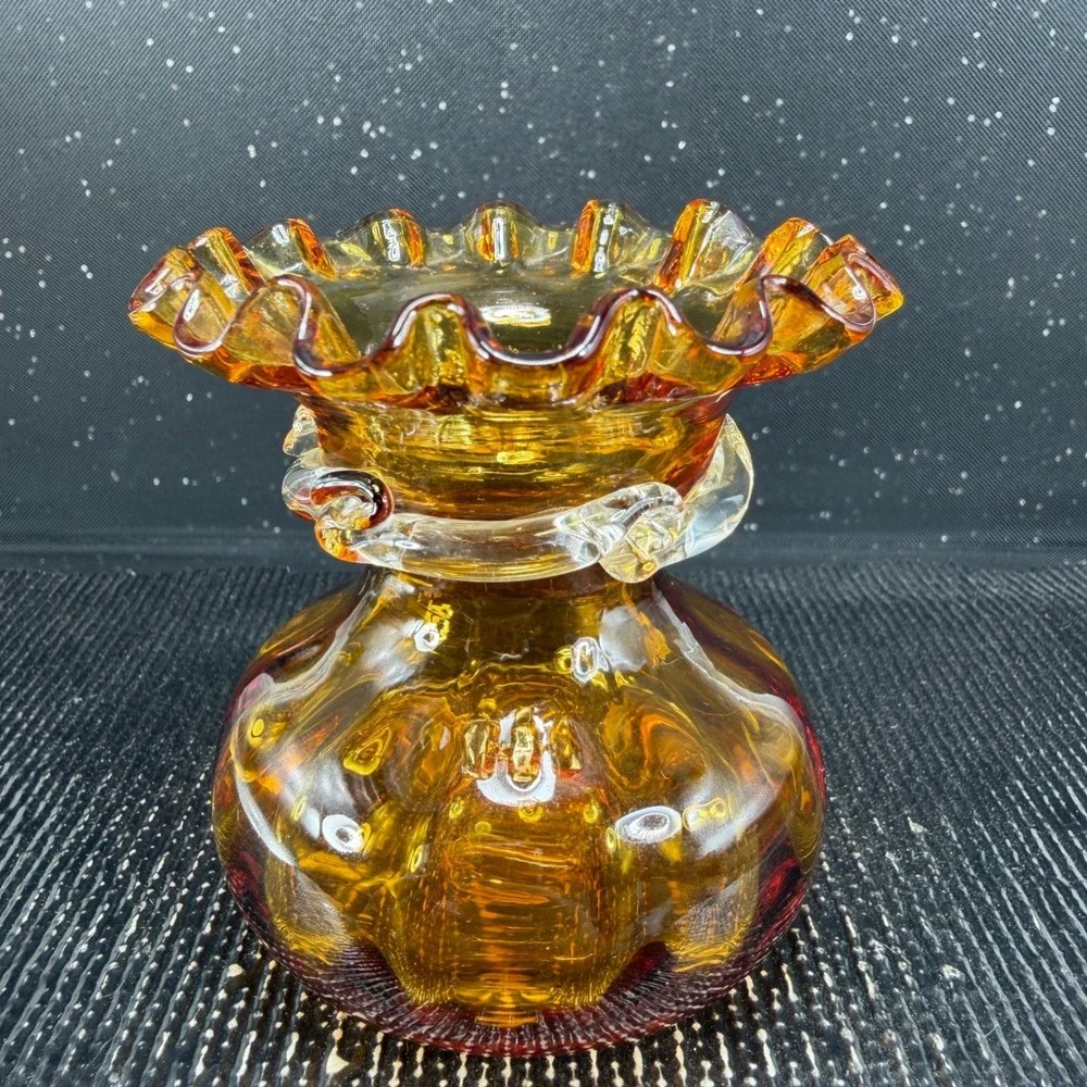 Amber Mid Century Hand Blown Glass Ruffled Bud Vase with Clear Rigaree 3inch